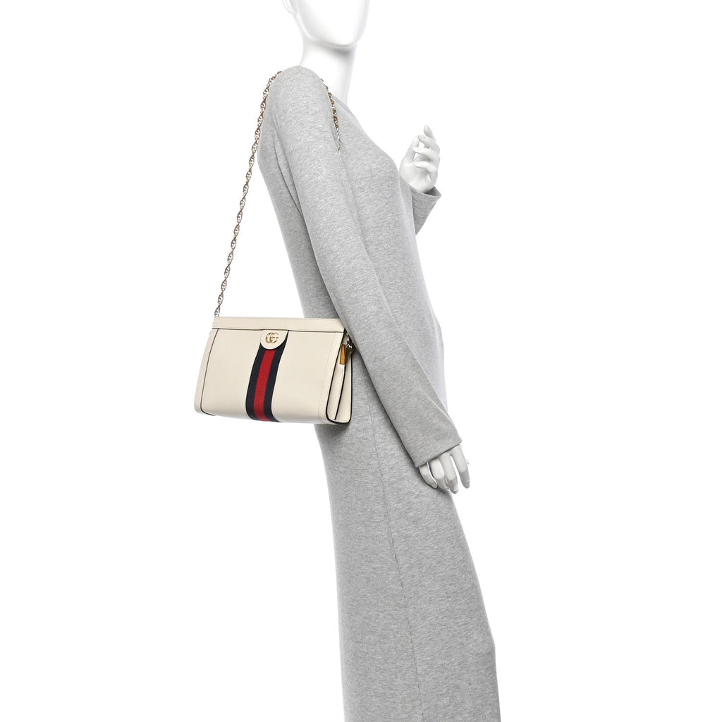 Textured Calfskin Web Small Ophidia Chain Shoulder Bag Mystic White