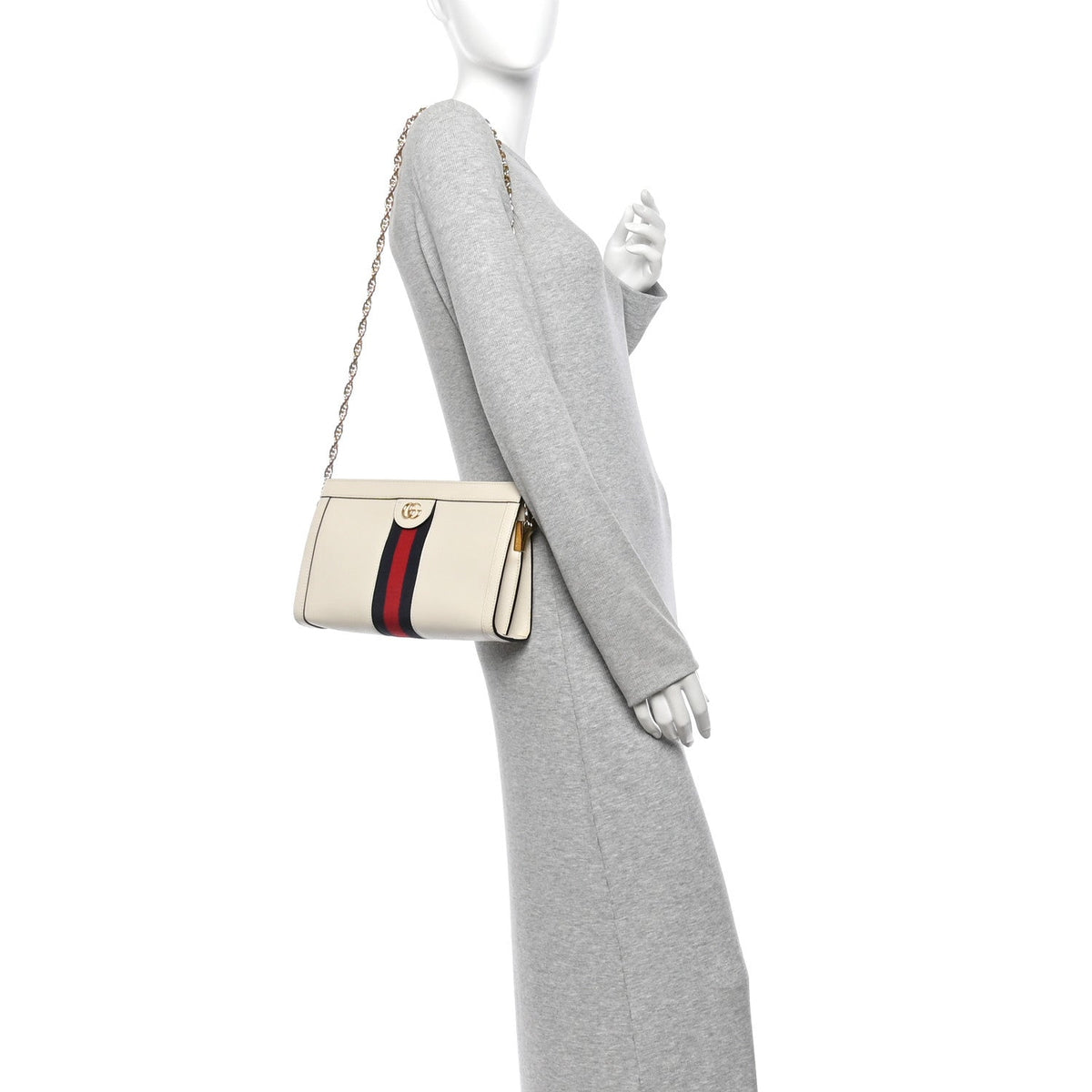 Textured Calfskin Web Small Ophidia Chain Shoulder Bag Mystic White