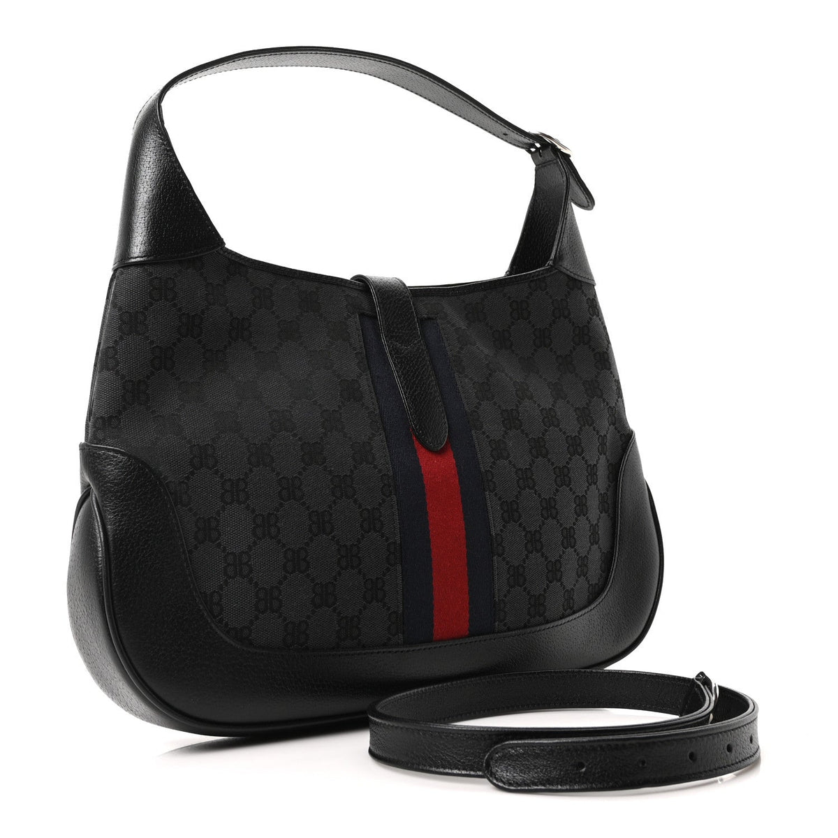 X BALENCIAGA Supreme Monogram Calfskin Web Medium Jackie 1961 Hobo Black
