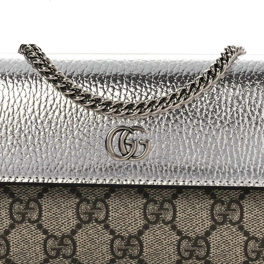 Metallic Calfskin GG Supreme Monogram Petite GG Marmont Wallet Chain Bag Silver Beige Ebony