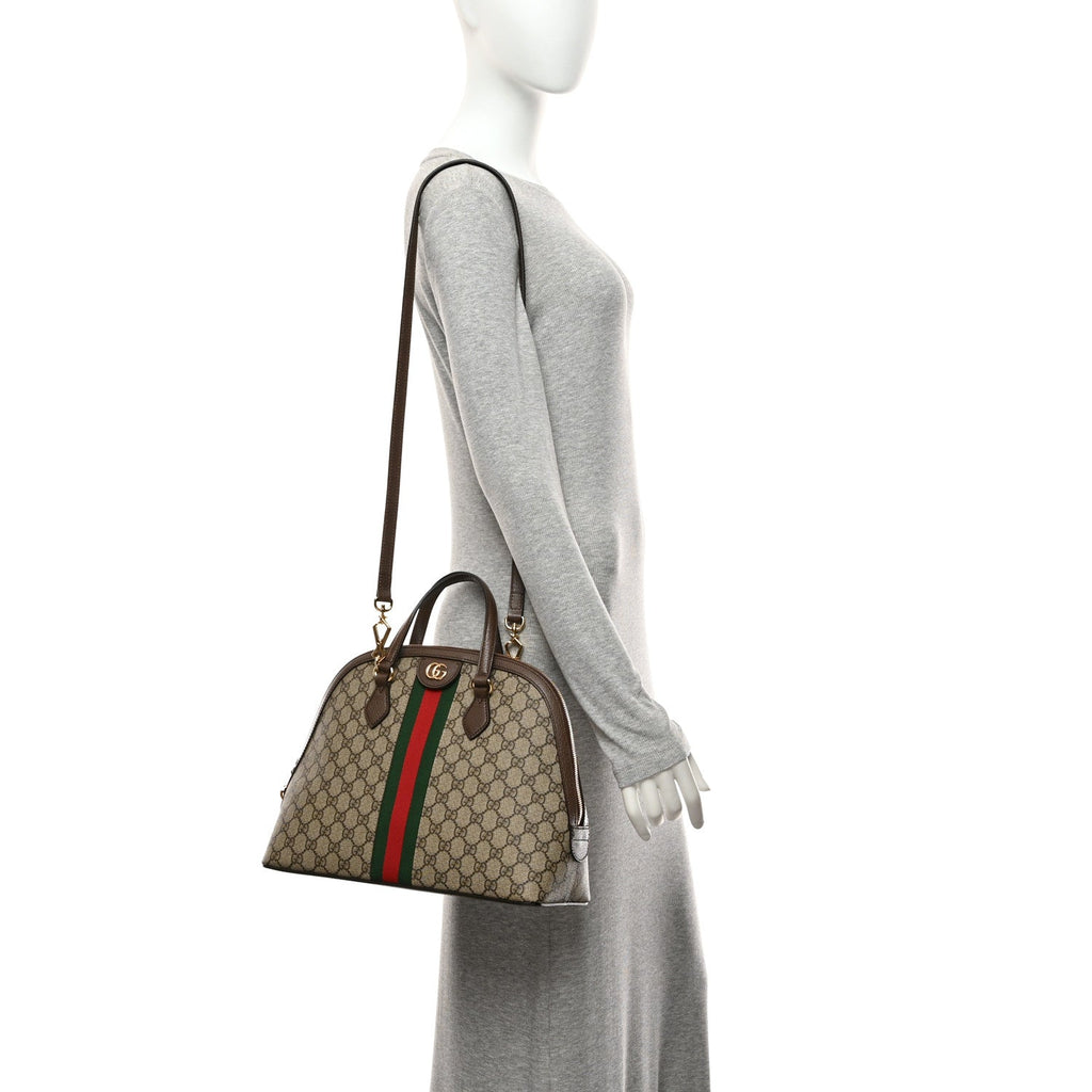 GG Supreme Monogram Web Medium Ophidia Top Handle Dome Bag Brown