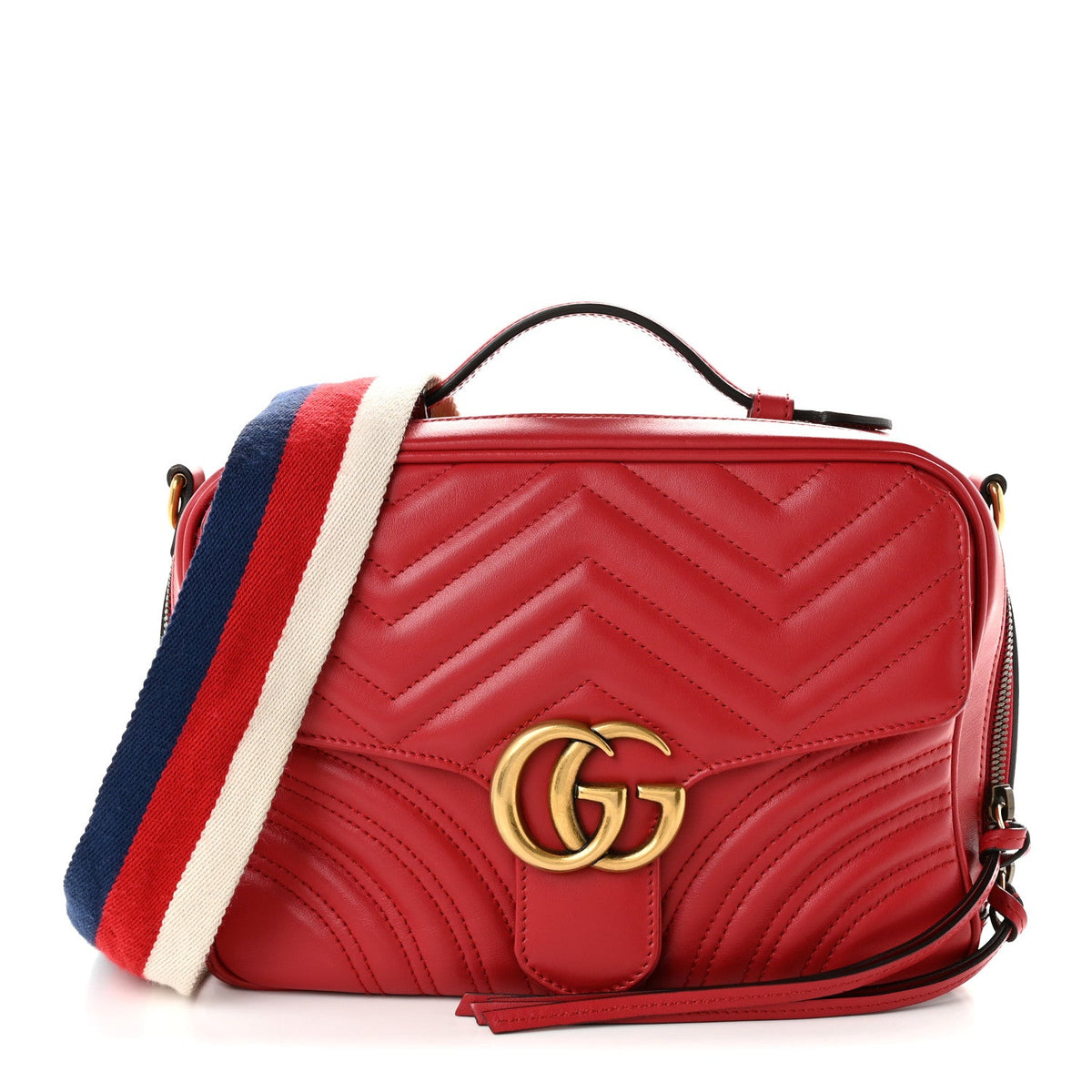Calfskin Matelasse Sylvie Web Small GG Marmont Top Handle Shoulder Bag Hibiscus Red