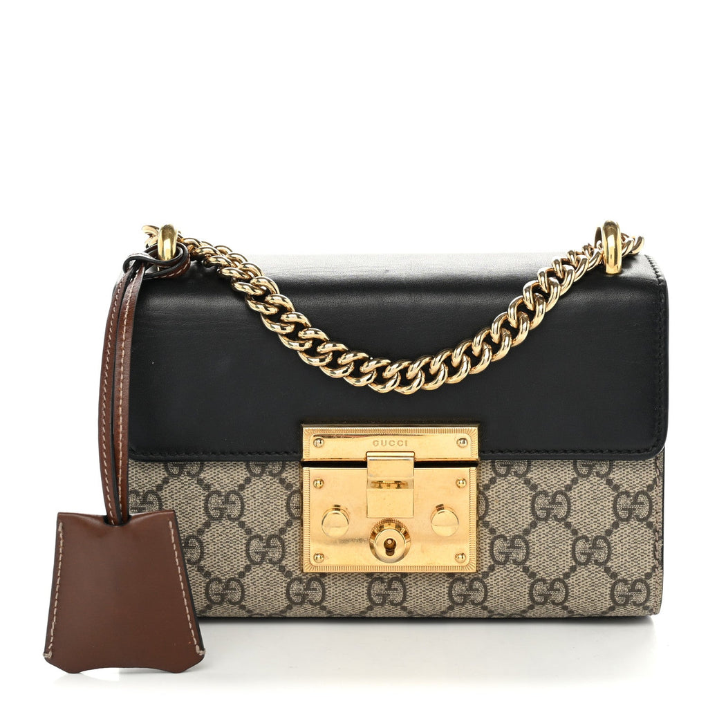 GG Supreme Monogram Calfskin Small Padlock Shoulder Bag Beige Black Cuir