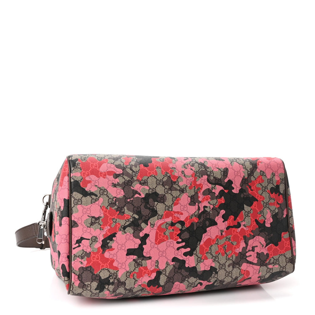GG Supreme Monogram Camouflage Textured Dollar Calfskin Medium Savoy Duffle Bag Beige Pink Red