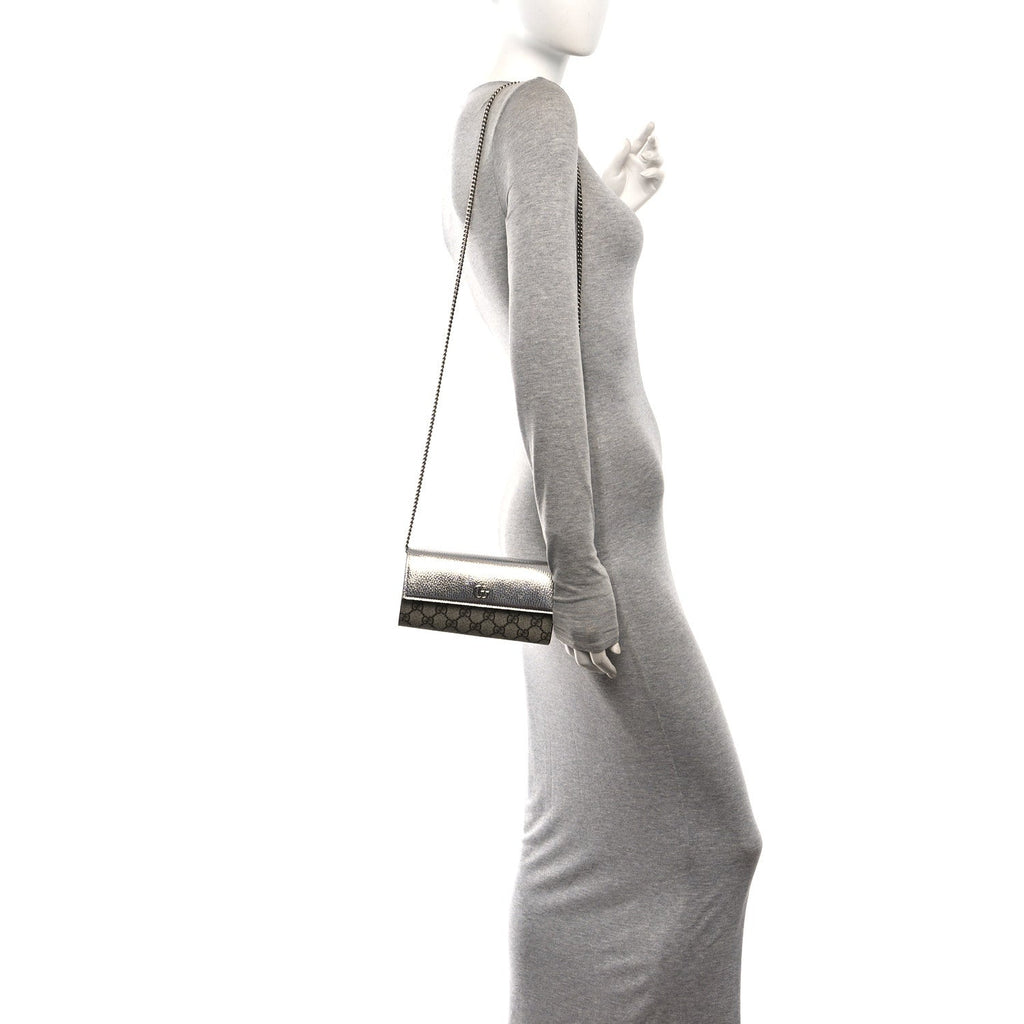 Metallic Calfskin GG Supreme Monogram Petite GG Marmont Wallet Chain Bag Silver Beige Ebony