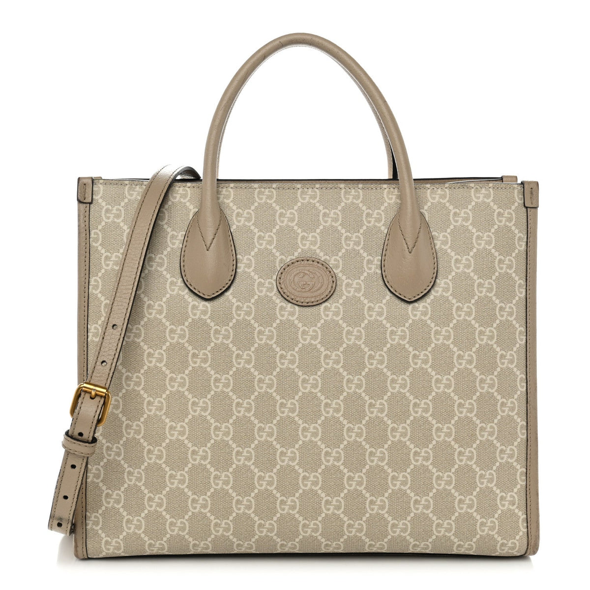 GG Supreme Monogram Textured Dollar Calfskin Small Retro Interlocking G Tote Bag Beige Mystic White Oatmeal