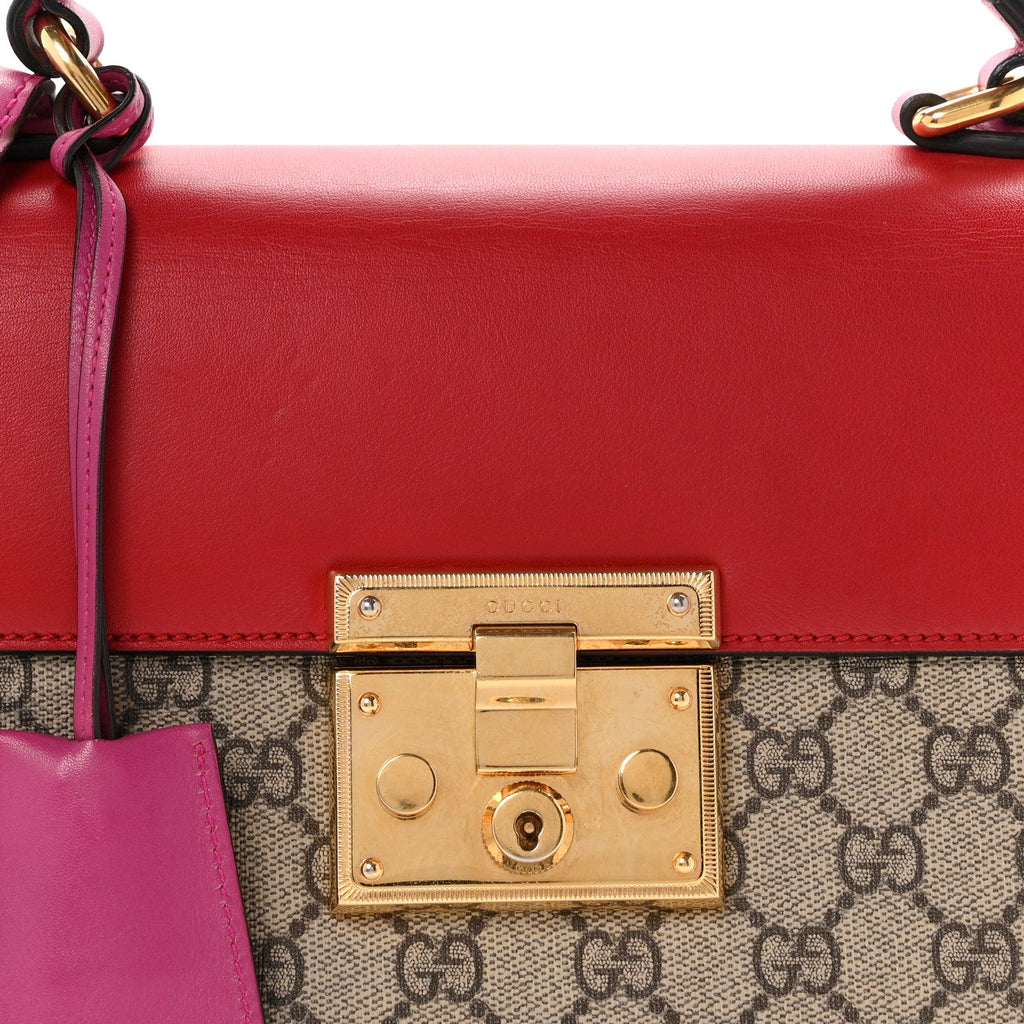 GG Supreme Monogram Calfskin Small Padlock Top Handle Bag Beige Hibiscus Red New Rosette