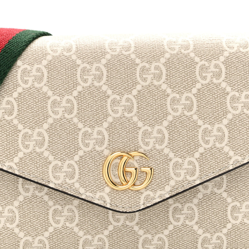 GG Supreme Monogram Textured Dollar Calfskin Web Mini Ophidia Envelope Shoulder Bag Beige Mystic White Oatmeal