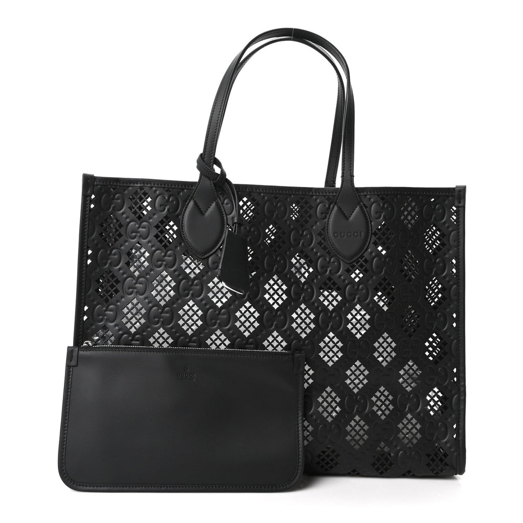 Calfskin GG Monogram Diamond Cut Medium Ophidia Tote Bag Black
