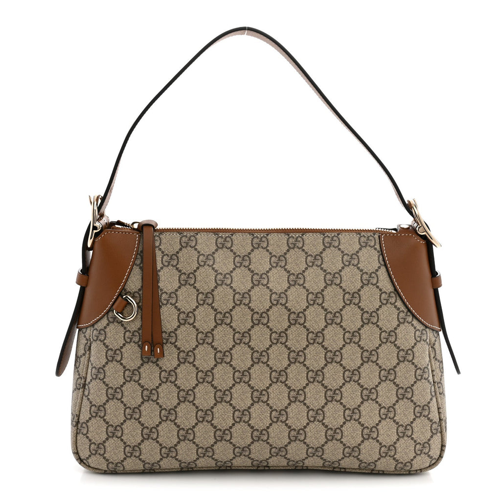 GG Supreme Monogram Textured Calfskin Medium Emblem Shoulder Bag Beige Dark Brown
