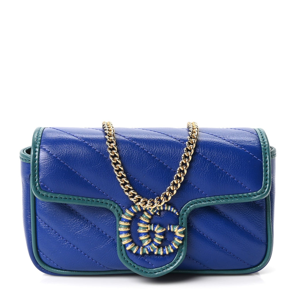 Azalea Calfskin Enamel Matelasse Diagonal Super Mini Torchon GG Marmont Shoulder Bag Imperial Blue Pavone