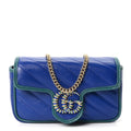 Azalea Calfskin Enamel Matelasse Diagonal Super Mini Torchon GG Marmont Shoulder Bag Imperial Blue Pavone