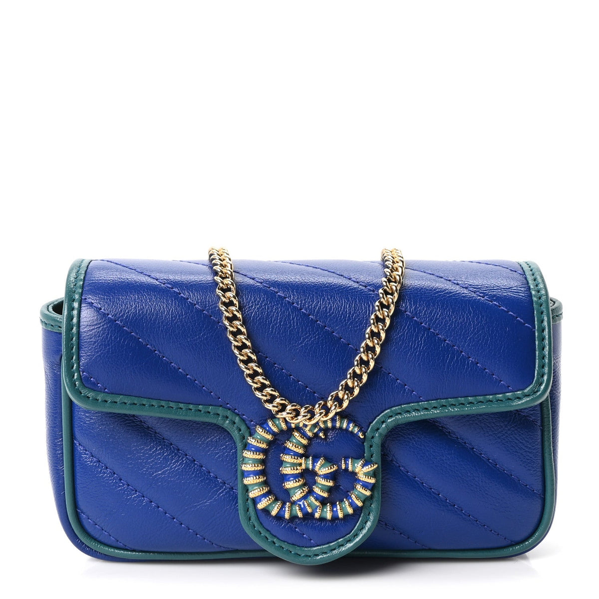 Azalea Calfskin Enamel Matelasse Diagonal Super Mini Torchon GG Marmont Shoulder Bag Imperial Blue Pavone