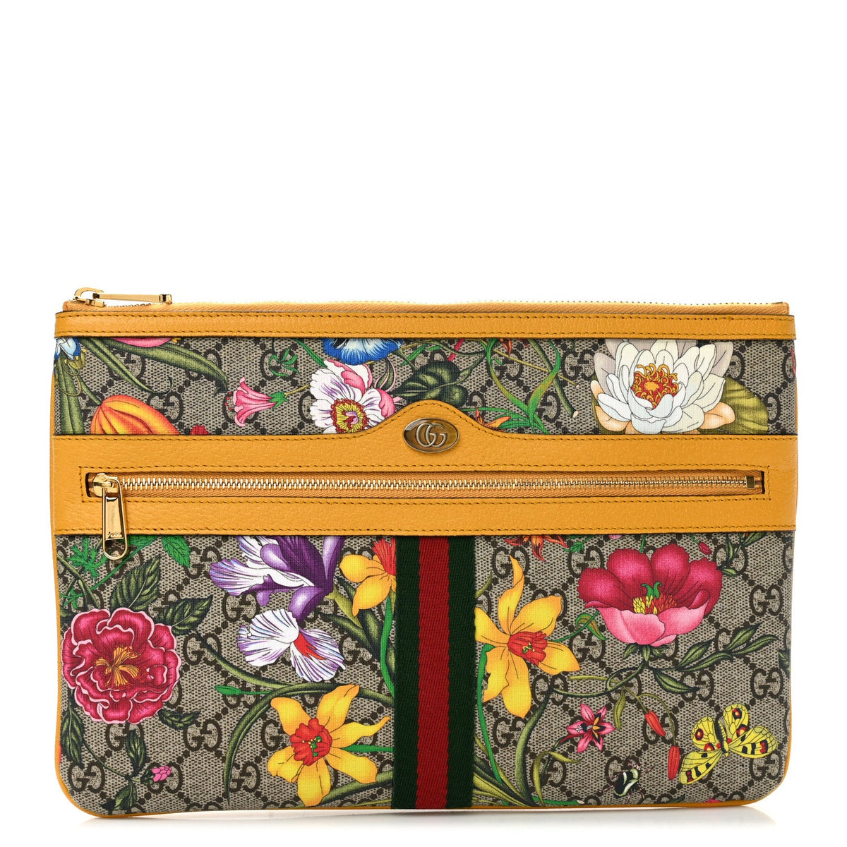 GG Supreme Monogram Flora Large Ophidia Pouch Clutch Beige Multicolor Crop