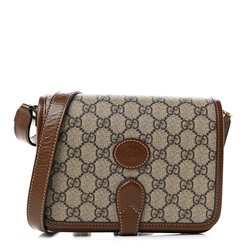 GG Supreme Monogram Azalea Calfskin Mini Retro Interlocking G Flap Shoulder Bag Beige Ebony Brown Sugar
