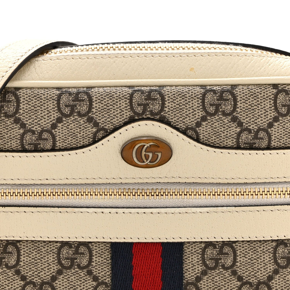 GG Supreme Monogram Textured Calfskin Web Mini Ophidia Shoulder Bag Beige Ebony Mystic White