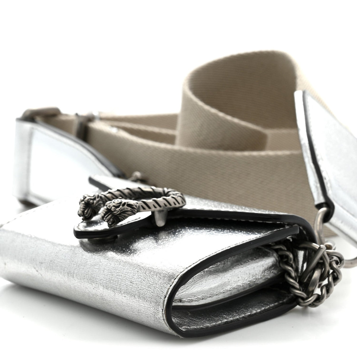 Metallic Calfskin Super Mini Dionysus Wallet with Strap Silver