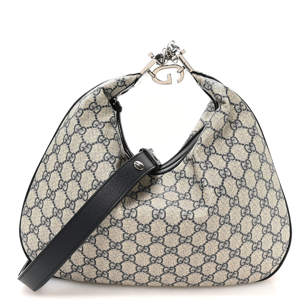 GG Supreme Monogram Textured Calfskin Web Large Attache Shoulder Bag Beige Blue