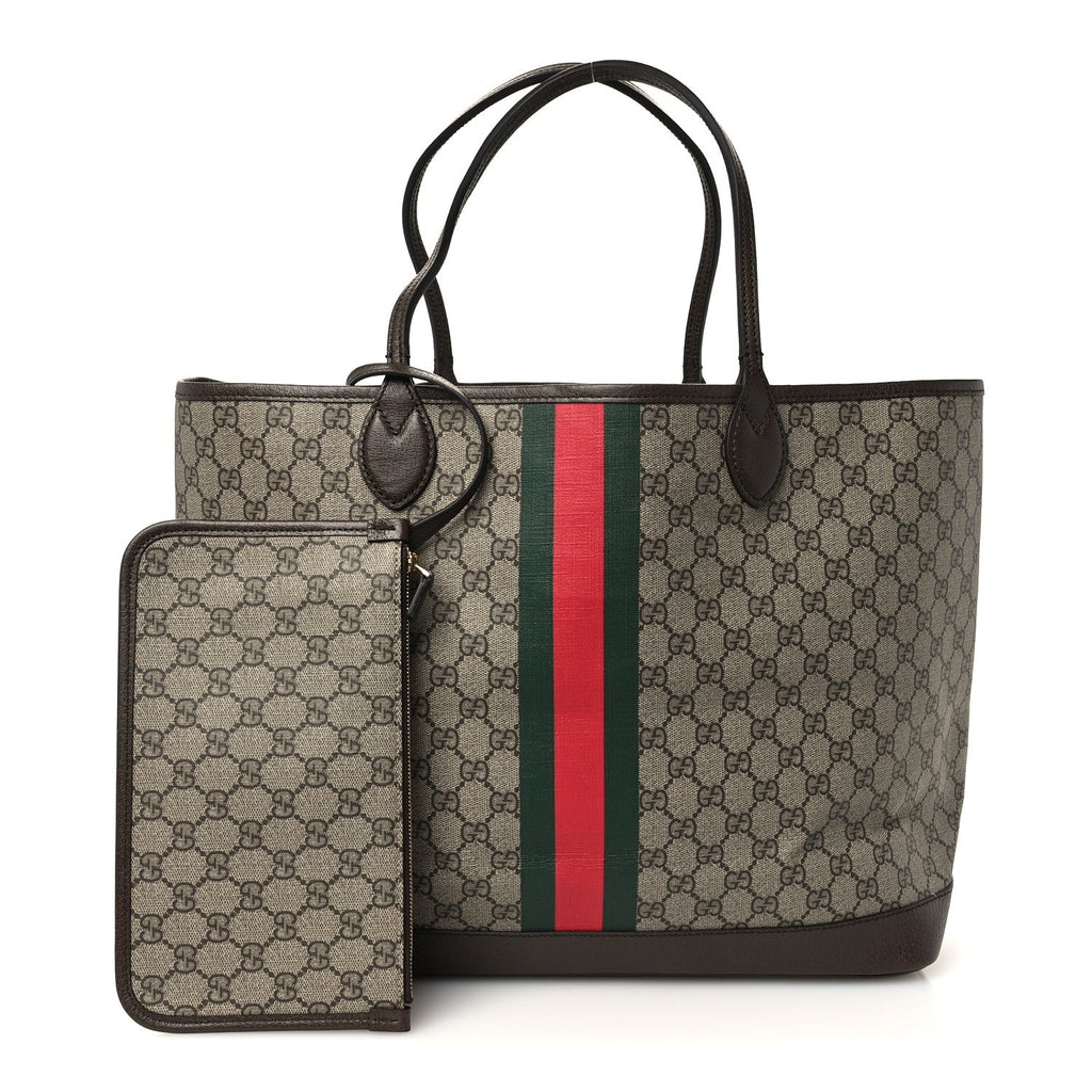 GG Supreme Monogram Textured Dollar Calfskin Web Large Ophidia Tote Beige Ebony New Acero