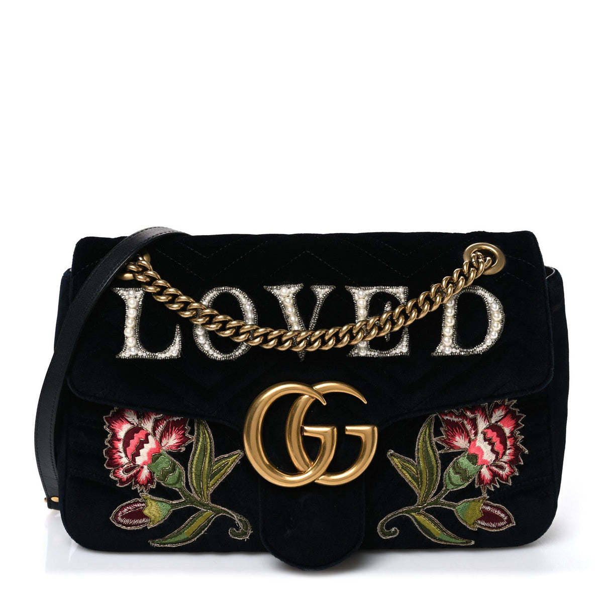 Velvet Matelasse Loved Embroidered Medium GG Marmont Shoulder Bag Black