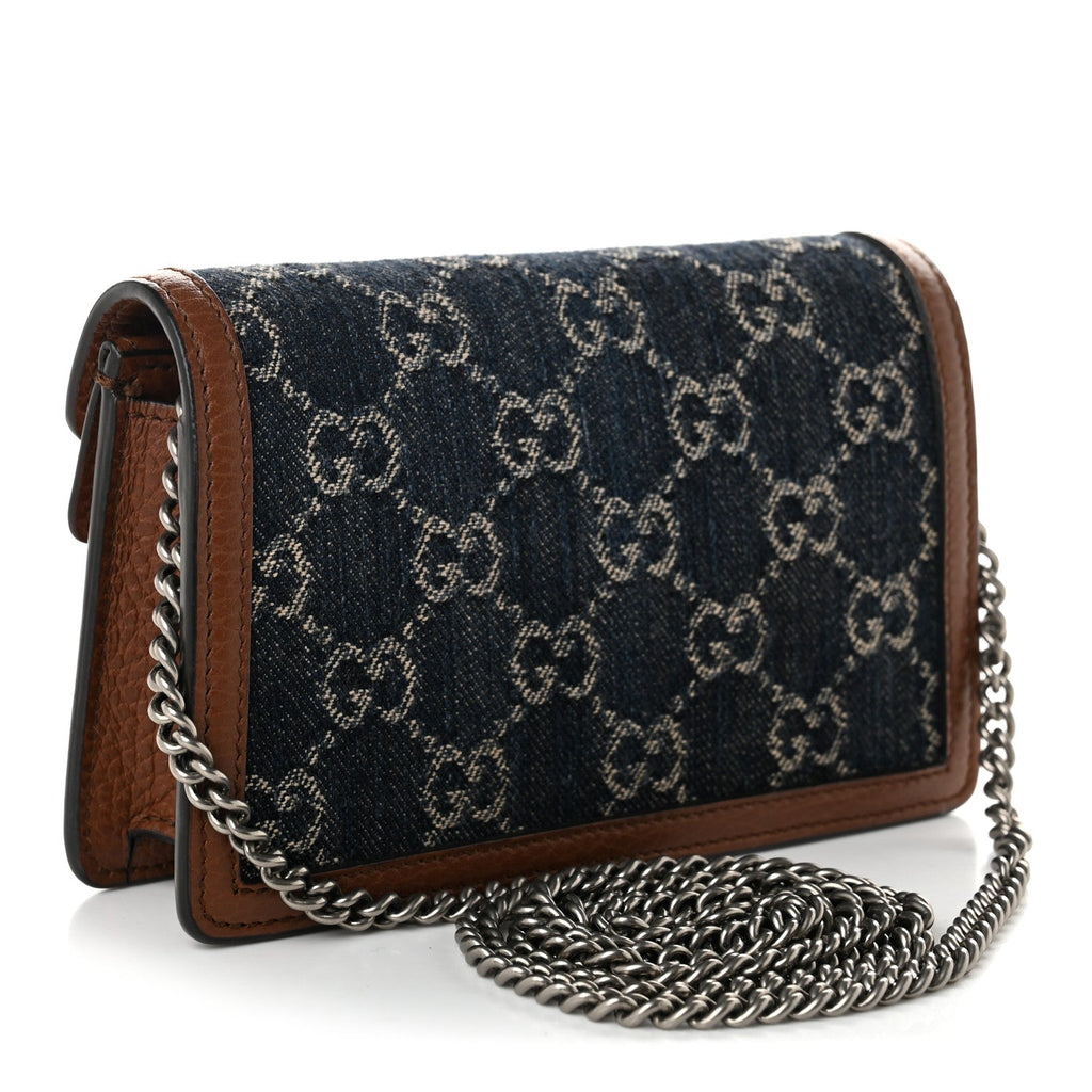 New Denim GG Monogram Dollar Calfskin Enamel Super Mini Dionysus Shoulder Bag Blue Tea Cuir Epilog Electric Blue