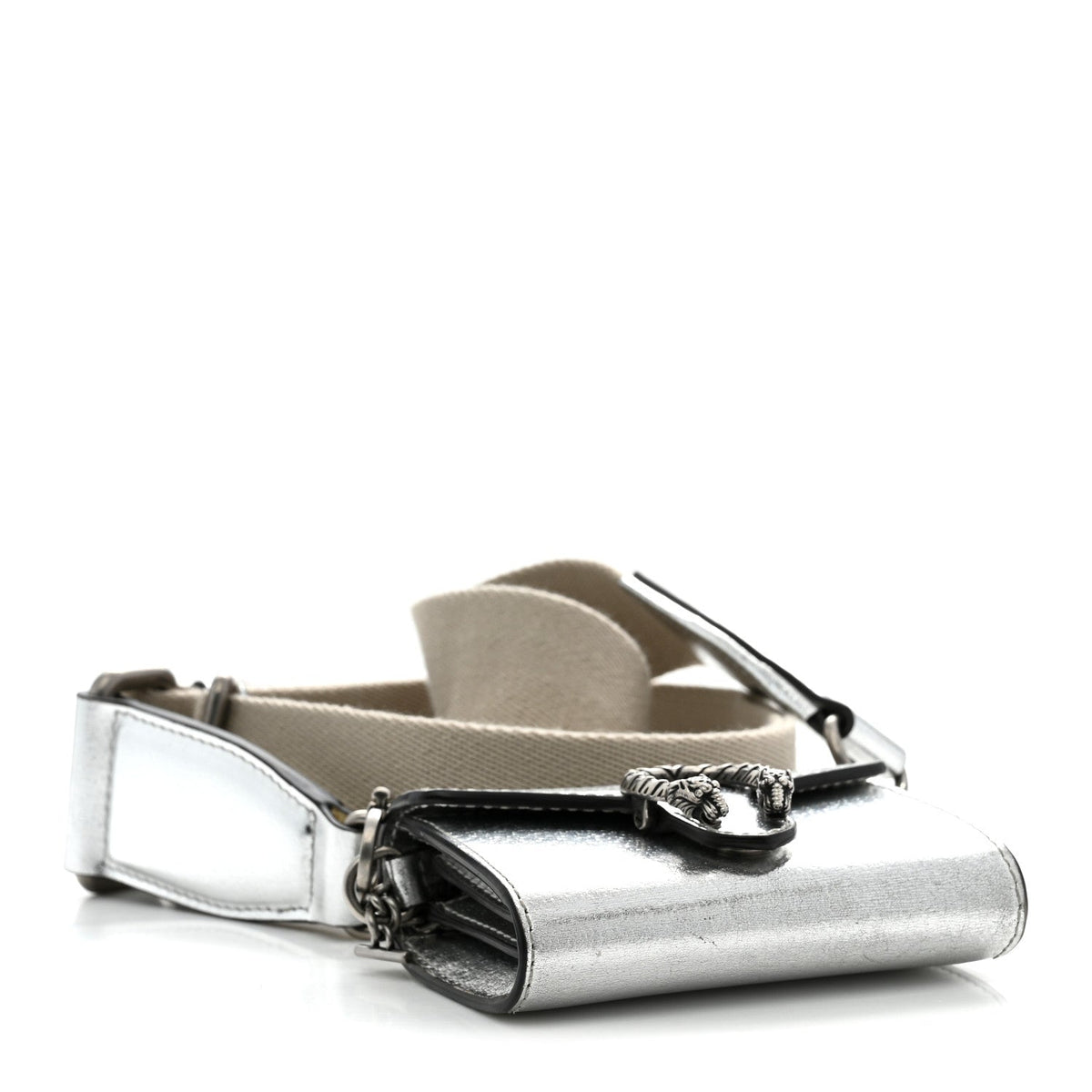 Metallic Calfskin Super Mini Dionysus Wallet with Strap Silver